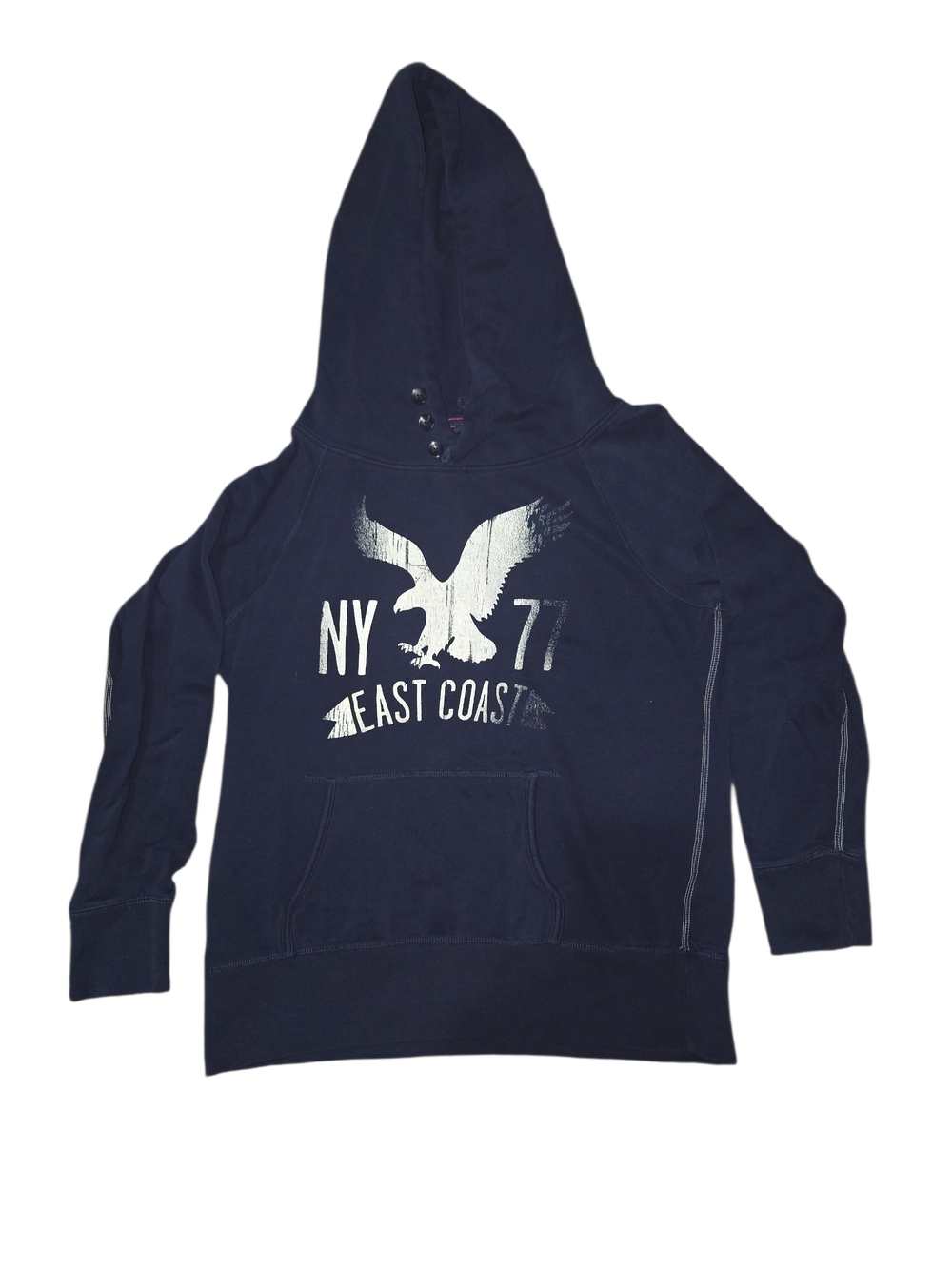American Eagle Outfitters Navy Graphic Hooded Sweatshirt with Pink Stitching